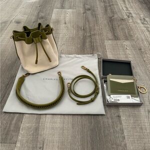 Charles & Keith Woven Handle Canvas Bucket Bag + Chain Link Card Holder 2-For-1
